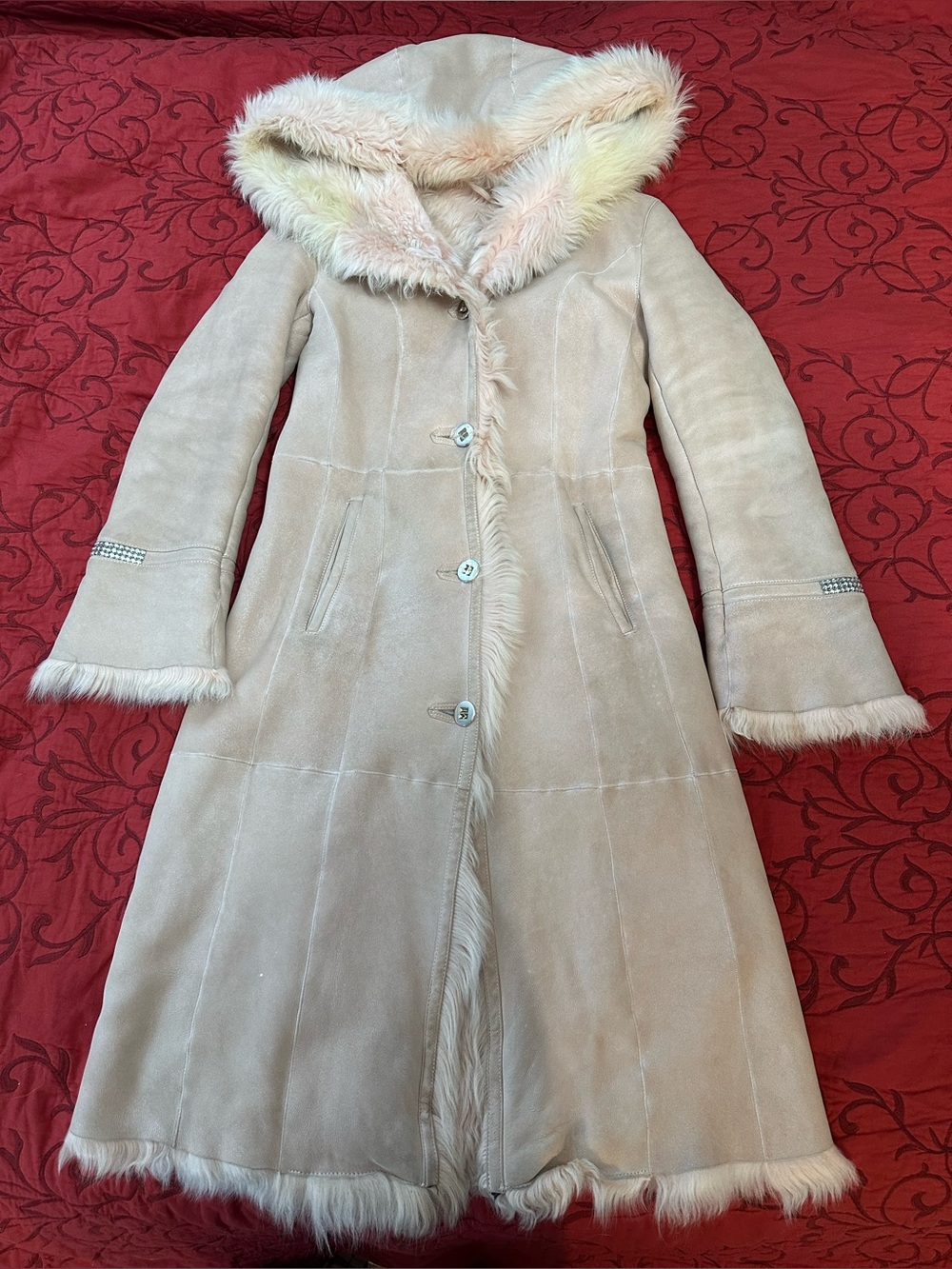 Women's Genuine Leather And Fur Cream Long Hooded Shearling Coat